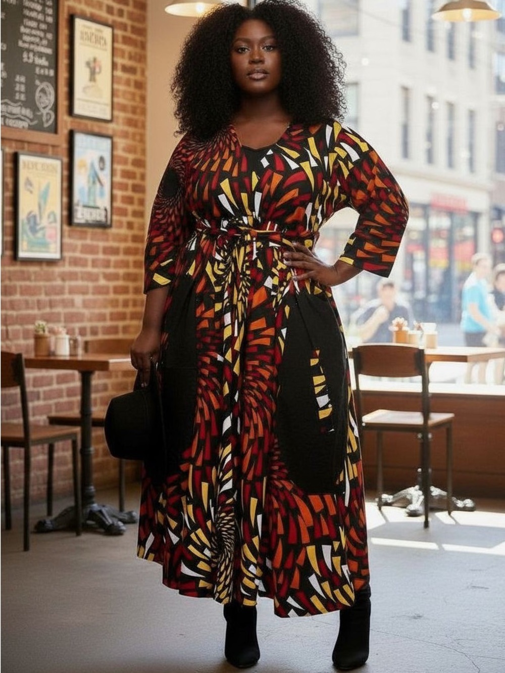 Abstract Mosaic Maxi Dress in Black, Red & Yellow